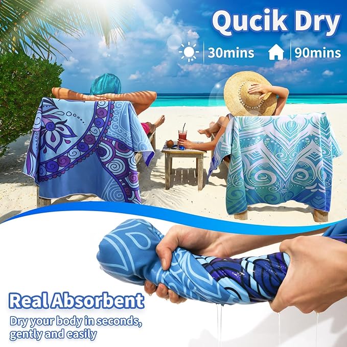 Beach Towels Oversized - 71"x 39" 250GSM Microfiber Beach Towels for Adults, Lightweight Quick Dry Absorbent Compact Sand Free Beach Towel for Swimming Pool, Camping, Yoga, Travel(Boho)