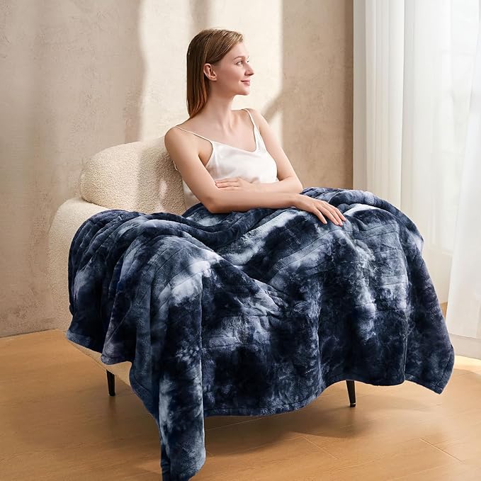 Electric Heated Throw Blanket 50"x60",Luxury Blue Faux Fur Electric Blanket,Fast Heating Soft Fluffy Thick Electric Blanket with 6 Heating Levels & 12H Auto Off