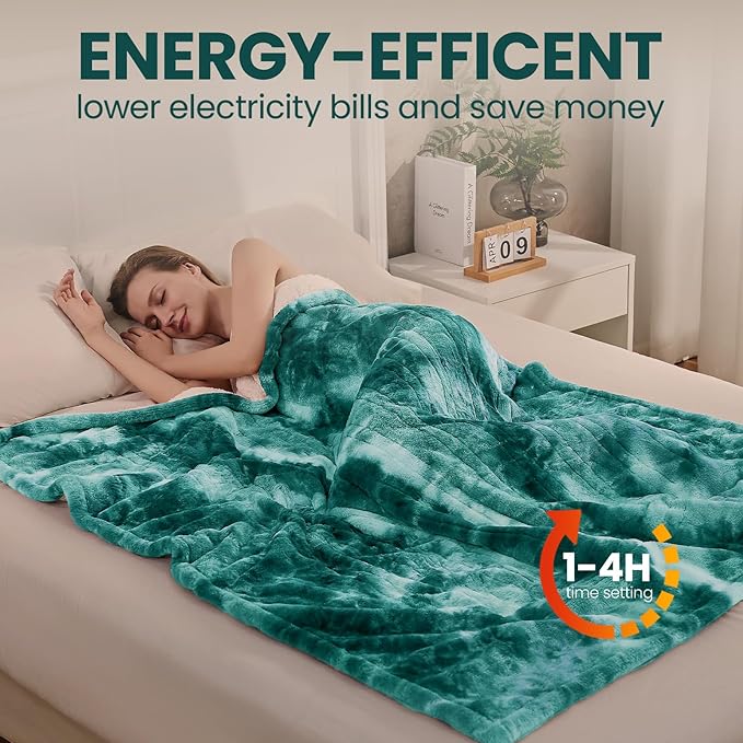 Electric Heated Throw Blanket 50"x60",Luxury Green Faux Fur Electric Throw Blanket,Fast Heating Soft Fluffy Thick Electric Blanket with 6 Heating Levels & 12H Auto Off