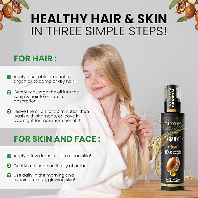 ๐๐๐๐ฉ๐๐ Moroccan Argan Oil 100% Pure USDA Organic Hair Treatment, Cold Pressed For Dry, Damaged, Curly & Frizzy Hair, Skin, Face, Body & Beard Natural Anti Aging for Women & Men, Large 3.38 oz