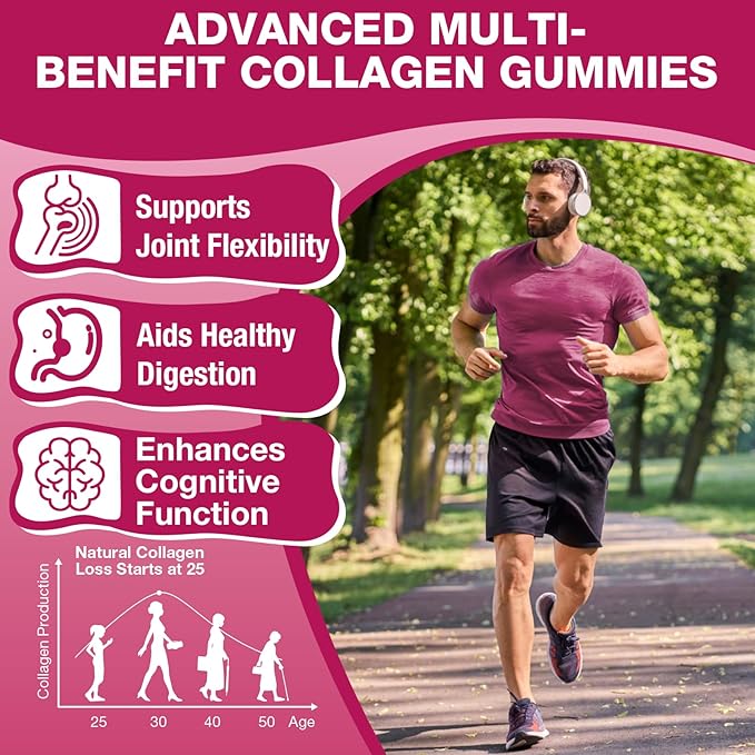 Sugar-Free Multi Collagen Gummies for Women & Men – Types I, II, III, V, X with Biotin, Vitamin C & Zinc for Hair, Skin & Nails | Strawberry Flavor | 60 Gummies