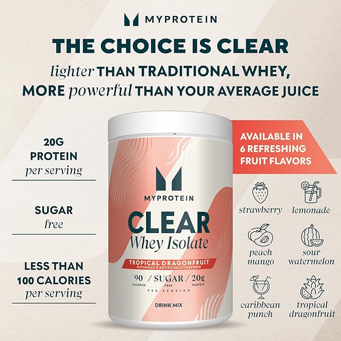 Myprotein Clear Whey Isolate Protein Powder, 1.1 Lb (20 Servings) Tropical Dragonfruit, 20g Protein per Serving, Naturally Flavored Drink Mix, Daily Protein Intake for Superior Performance