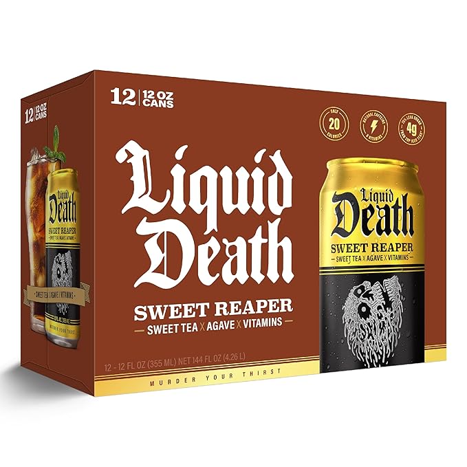 Liquid Death, Sweet Reaper Iced Tea, 12-Pack (12 oz Cans), Southern Style Sweet Tea, Low Calorie, No Artificial Sweeteners, B12 & B6 Vitamins