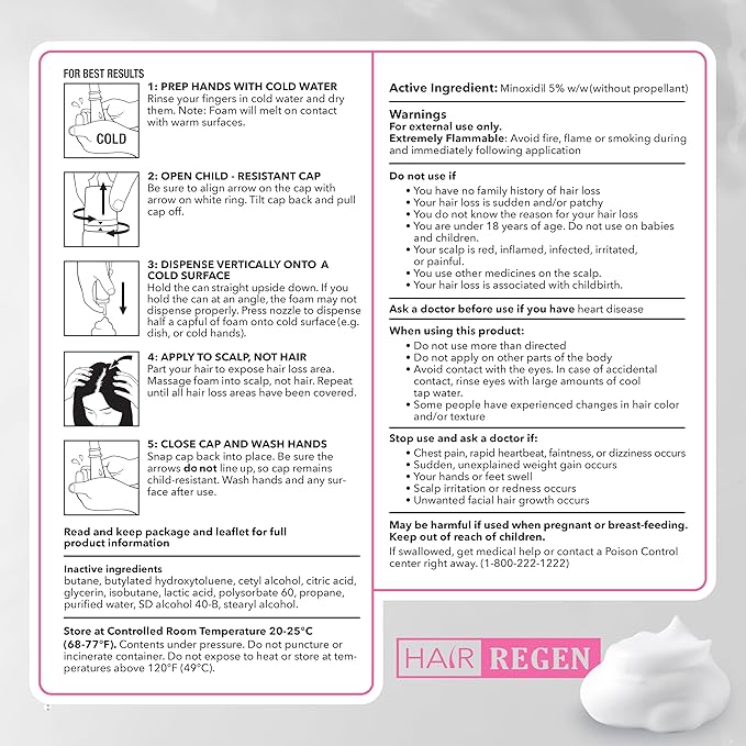 Hair-Regen Women’s 5% Minoxidil Foam for Hair Regrowth – Clinically Proven Topical Treatment for Thinning Hair & Hair Loss – Minoxidil for Women with Precision Nozzle – 6-Month Supply