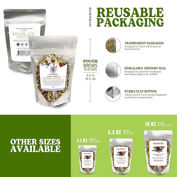 Nelson's Tea Chamomile Honey Vanilla - Caffeine-Free - Herbal Loose Leaf Tea, Curated Blend with Honeybush, Chamomile, Lemongrass, Licorice Root, Toasted Coconut, and Bee Pollen - Bedtime Brew (Sample 0.3 Oz)