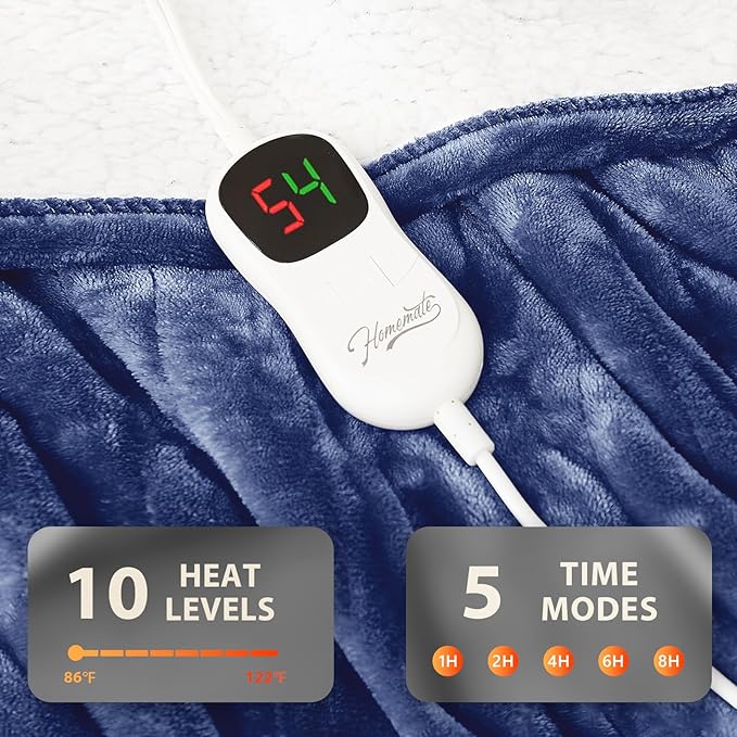 Homemate Electric Heated Blanket Full - 72"x84" Heating Bed Blankets Throw with 10 Heating Levels 8 Hours Auto Off Fast Heating Over-Heated Protection Ultra Soft Warm Flannel ETL Certified Navy Blue