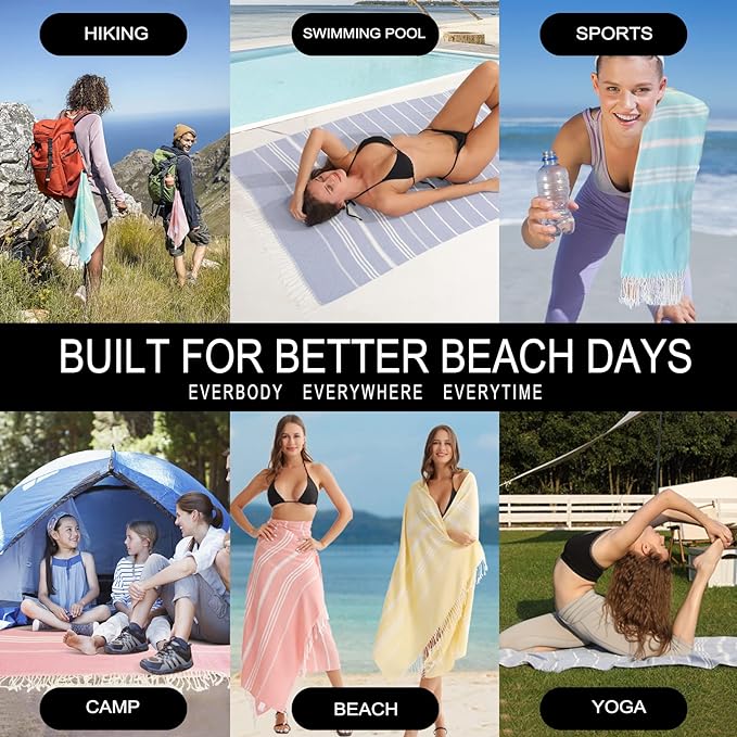 2 Packs Cotton Turkish Beach Towels Quick Dry Sand Free Soft Absorbent Adult Oversized Bath Pool Swim Long Towel Lightweight Thin Sandless Fast Drying Over The Lounge Chair Towel Sand Repellent Anti
