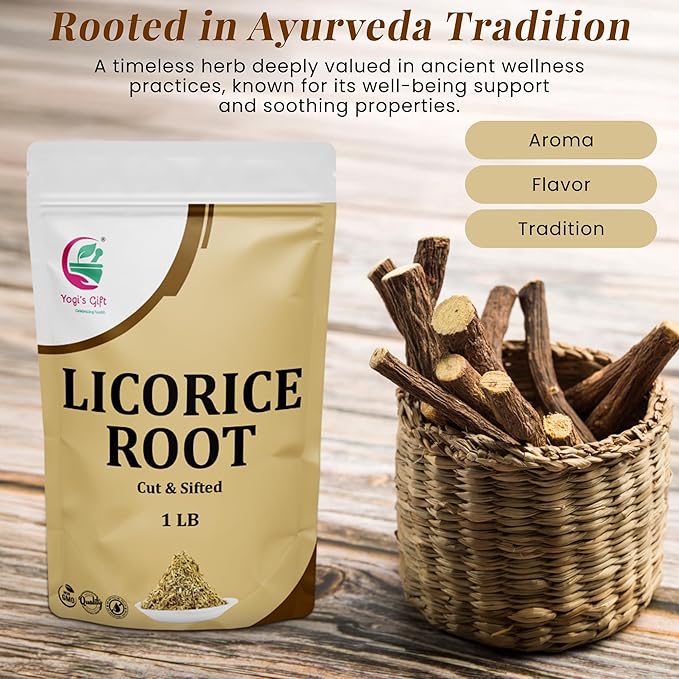 Licorice Root 1 LB, Cut and Sifted, 100% Pure & Natural Dried Licorice Root, Premium Quality, Ideal for Tea, Herbal Blends, and Wellness Uses - By Yogiโs Giftยฎ