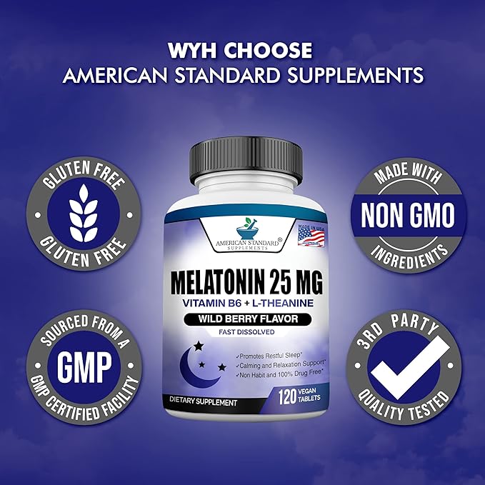 Melatonin 25mg Per One Tablet, 120 Chewable Tablet with L-Theanine & Vitamin B-6, Supports Healthy Sleep Cycle , Promotes Calming & Restful Sleep, Vegan, NON GMO, Made In USA (Pack of 2)