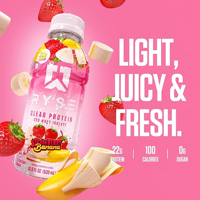 RYSE Clear Protein Shake - Strawberry Banana - 100 Calories, 22g Whey Isolate Protein, Sugar-Free, 0g Fat & Lactose-Free - Refreshing Ready-to-Drink Beverage - 16.9 fl oz Bottles (12-Pack)