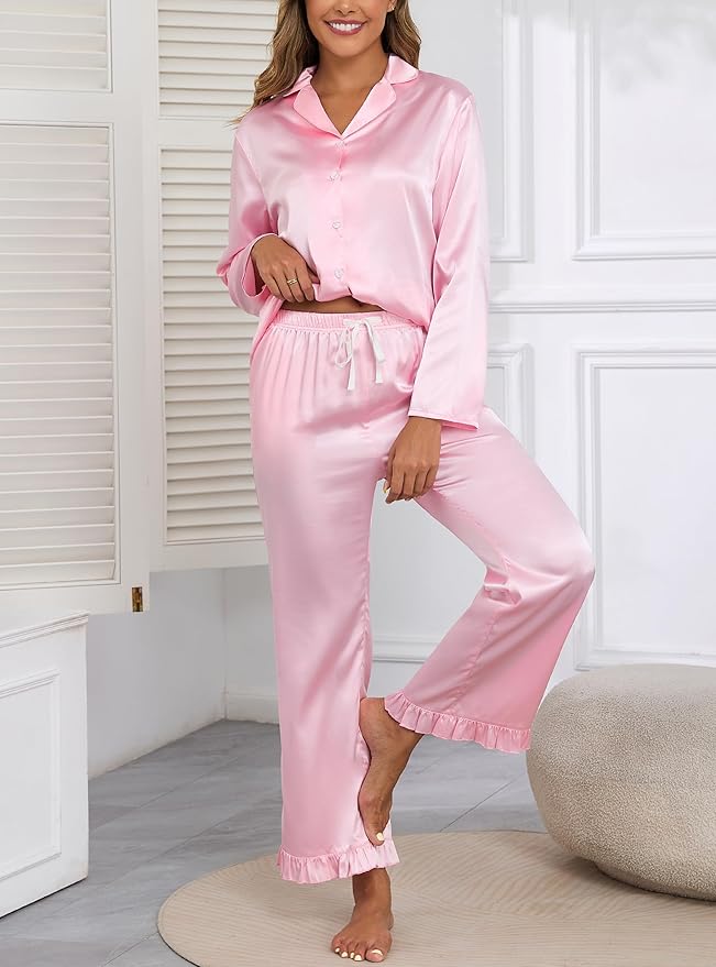 Veseacky Womens Satin Pajama Set Silk Pjs Button Down Long Sleeve Sleepwear Loungewear Sleepwear 2 Piece Pjs Set S-XXL