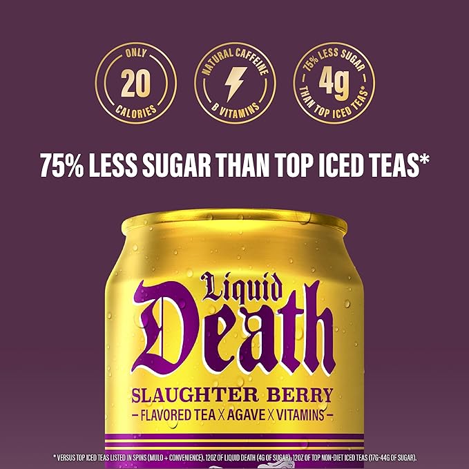Liquid Death, Slaughter Berry Iced Tea, 12-Pack (12 oz Cans), Raspberry Flavored Black Tea, Low Calorie, No Artificial Sweeteners, B12 & B6 Vitamins