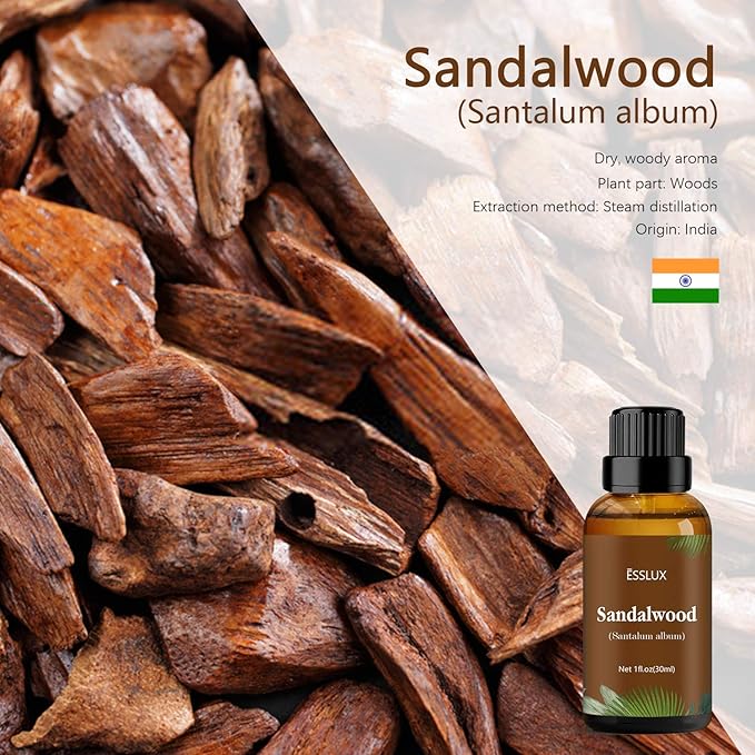 Sandalwood Essential Oil, ESSLUX Aromatherapy Essential Oils for Diffuser, Massage, Incense, Candle Making, Perfume, 30 ml