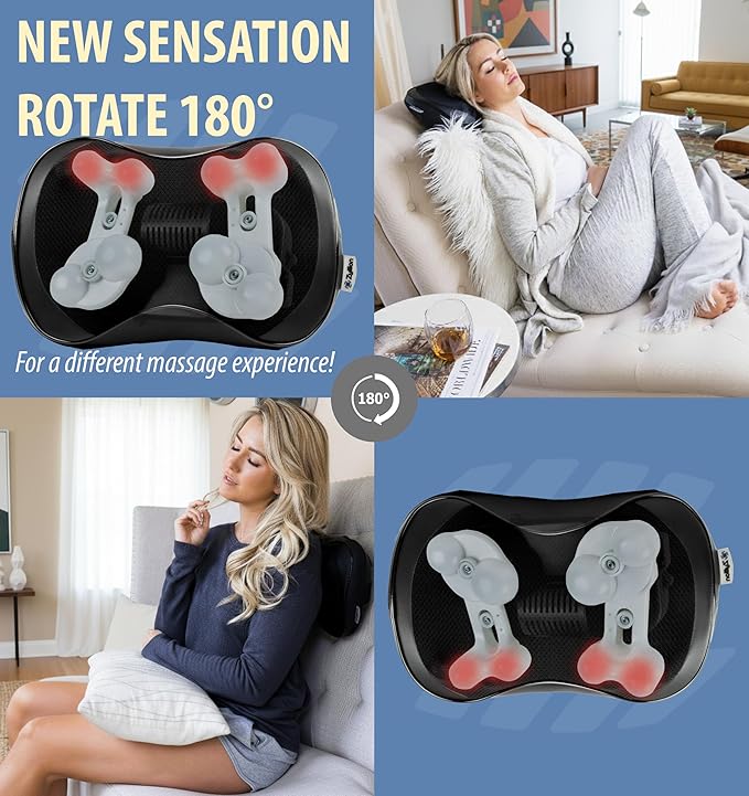 Zyllion Shiatsu Back and Neck Massager with Heat - 3D Electric Kneading Deep Tissue Massage Pillow with 8 Massaging Nodes for Muscle Pain Relief, Black, ZMA-25