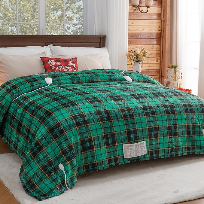 Heated Electric Blanket Queen Size, 84X90 Christmas Blanket With Dual Control&10 Heats Levels&Timer For Bed,Green Plaid Sherpa Heating Blankets Queen Warmer Gift for Grandma Women Adults, Washable,ETL