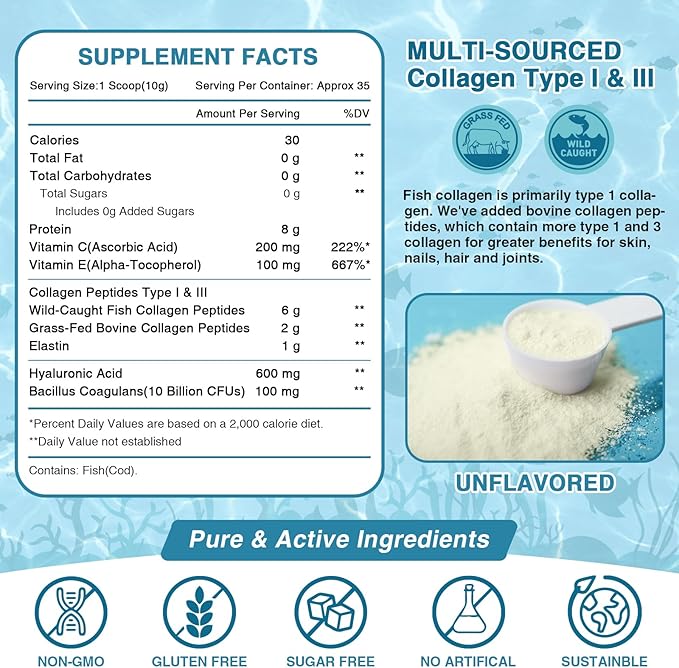 NATURE TARGET Marine Collagen Peptides Powder - Type I & III Collagen with Probiotics, Vitamin C & Hyaluronic Acid for Skin, Hair, Nails, Wild-Caught Fish & Grass-Fed Bovine, 35 Servings (Pack of 2)