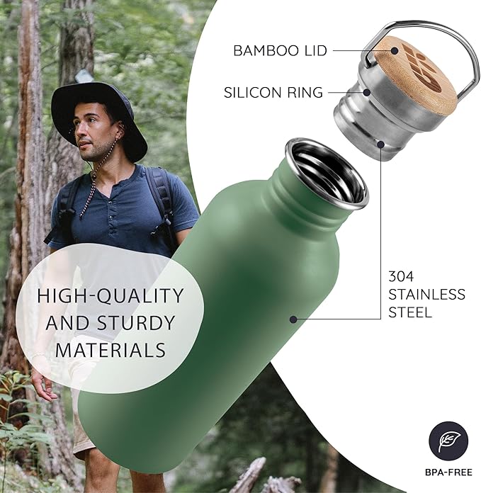 Bambaw 24 oz Stainless Steel Water Bottle, Green, Dishwasher Safe, Non Insulated, No Straw Sage Green