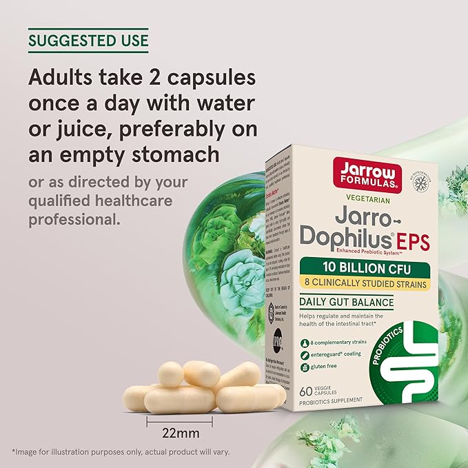 Jarrow Formulas Jarro-Dophilus EPS Probiotics 10 Billion CFU, Dietary Supplement for Intestinal Tract Support, Gut Health Supplements for Women and Men, 60 Veggie Capsules, 30 Day Supply