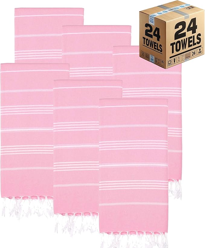 Turkish Beach Towels, Bulk Case of 24 | Oversized, Quick Dry, Sand Free | 100% Cotton, Large 38x71 Towels for Beach, Pool, Travel | Ultra-Soft, Compact, Absorbent | Pink