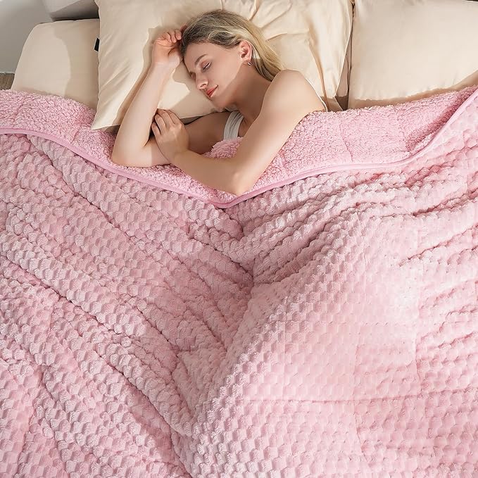 Super Soft Luxury Fleece Sherpa Weighted Blanket 15 lbs for Adults, Turtle Shell Fuzzy Cozy Warm Twin Weighted Throw for Winter, Ceramic Beads Washable Heavy Blankets for Couch Bed, Pink, 48" x 72"