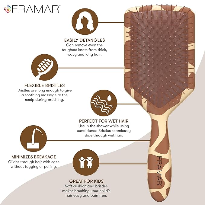FRAMAR Paddle Hair Brush Detangler, Detangling Hairbrush For Women, Wet Hair Brush For Girls, Hair Detangler Brush, Wet Hairbrush, Hairbrushes, Girls Hairbrush Detangler, Reduces Frizz - Giraffe