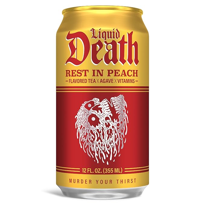 Liquid Death, Rest in Peach Iced Tea, 12-Pack (12 oz Cans), Peach Flavored Black Tea, Low Calorie, No Artificial Sweeteners, B12 & B6 Vitamins