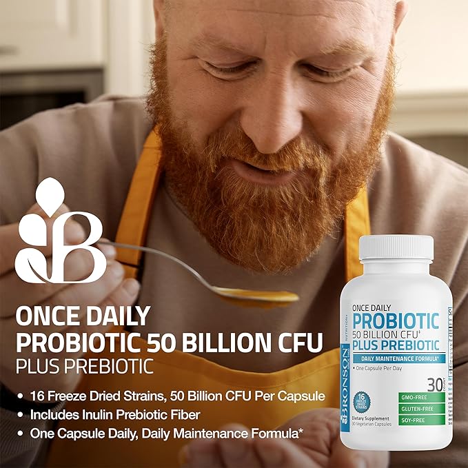 Bronson Once Daily Probiotic 50 Billion CFU Plus Prebiotic Daily Maintenance Formula One Capsule Per Day Non-GMO, 30 Vegetarian Capsules