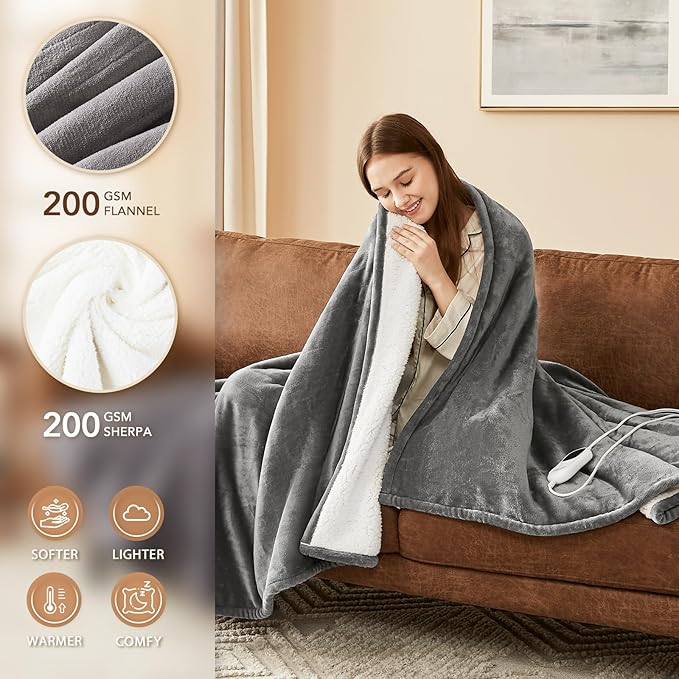 Homemate Electric Heated Blanket King Size - 100"x90" Heating Blanket King Size Dual Control 1/2/4/6/8 Hours Auto-Off 10 Heat Level Over-Heat Protection Flannel Sherpa ETL Certification