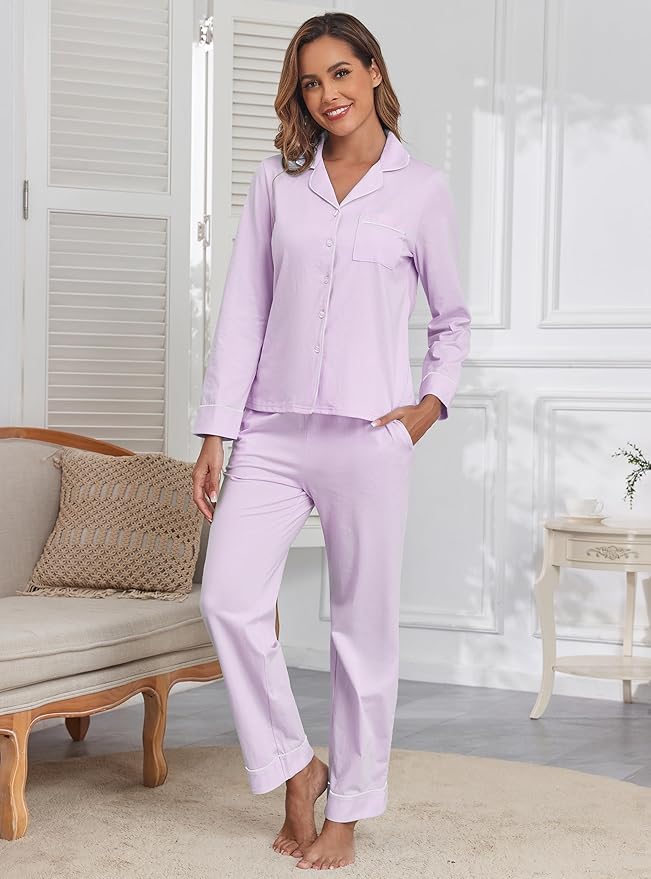 Veseacky 100% Cotton Pajamas for Women Set Long Sleeve Button Down Sleepwear Soft Pjs Lounge Sets with Pockets S-XXL