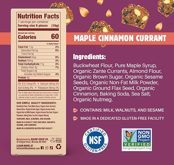 Maine Crisp Maple Cinnamon Currant Crisps, 4 Pack, Gluten-Free Crackers - Grain-Free, Non-GMO - Sweet Snacks, for Cheese Boards, Salad Toppings & Jams