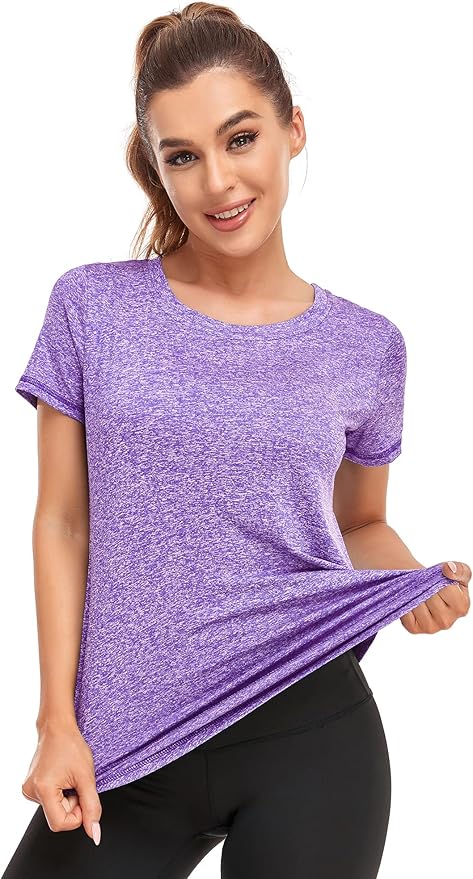 Women's Short Sleeve Workout Shirts Crewneck Sports Yoga Running Dry Fit Tops Side Split Tee