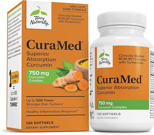 Terry Naturally CuraMed 750 mg - Antioxidant Supplement for Brain & Heart Health Support - Supplement with High-Potency Curcumin Complex - Kidney, Liver & Immune Health Support - 120 Softgels (1 Pack)