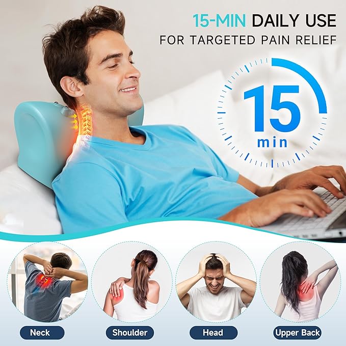 snawowo 3-in-1 Cervical Neck Massager with Heat - Acupoint Shoulder Relaxer Traction Stretcher for Pain Relief, 3 Human-Like Kneading, Heat & Vibration Levels, 360ยฐ Remote, 30ยฐ Design, 15Min Auto Off