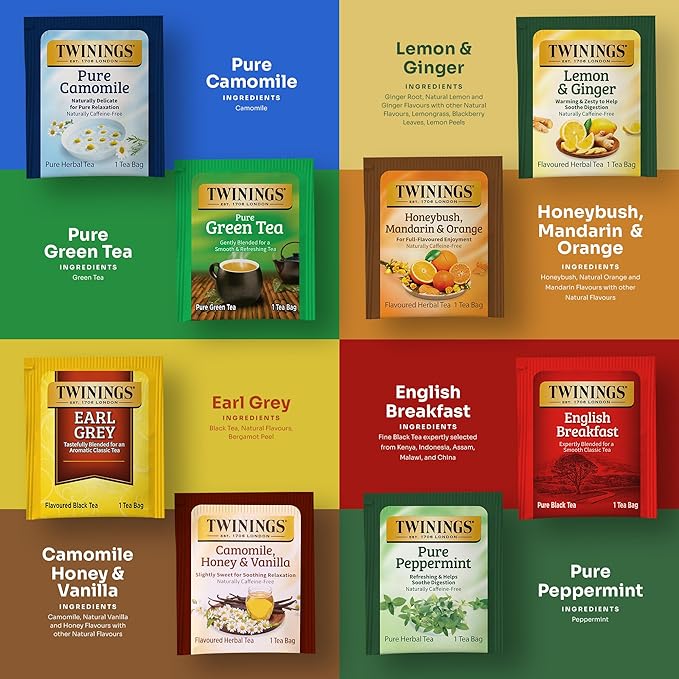 Twinings 48 Tea Bags Herbal Variety Pack, Bundle with 20 Flavored Honey Sticks – 8 Flavors Caffeine-Free Individually Wrapped Teas for Gift Baskets, Office, or Lobby Refreshments