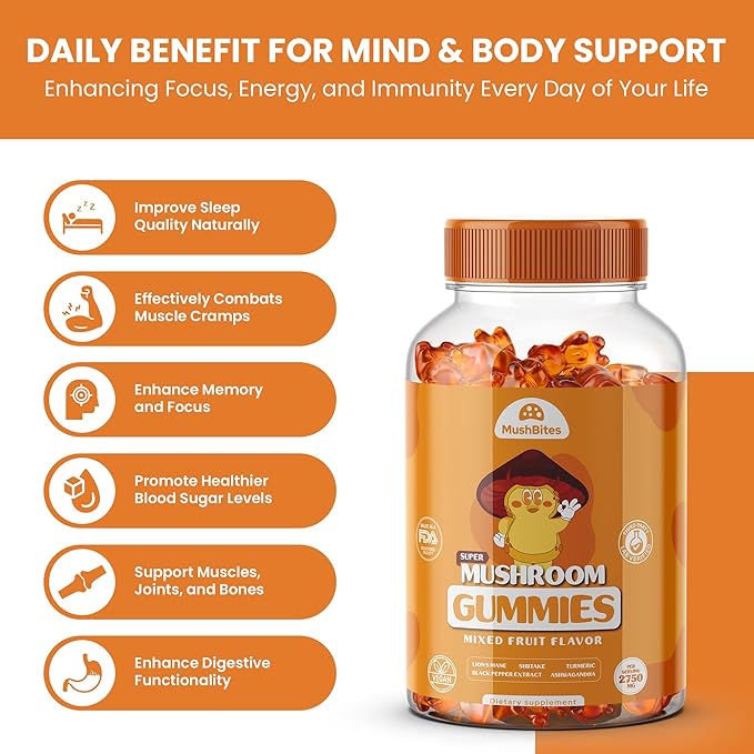 Organic Lions Mane Mushroom Gummies – Delicious Mixed Fruits Flavor Lion's Mane Gummy – 10 Mushroom Superfood Blend – Supports Focus, & Clarity, Vegan 90 Ashwagandha Gummies