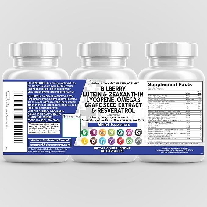 Clean Nutra Eye Vitamins with Bilberry Lutein and Zeaxanthin Supplements Lycopene 40mg Resveratrol Grape Seed Astaxanthin for Eyes - Eye Care Health Support Eye Vitamin and Mineral Supplement