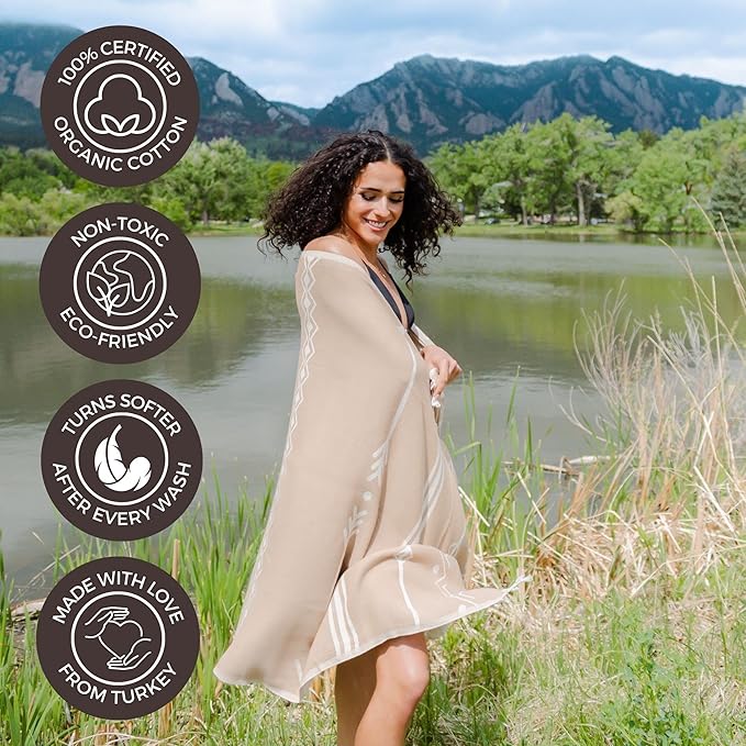 FESHKA Sand Proof Turkish Beach Towel – Oversized, Quick Dry & Lightweight Travel Towel - 100% Organic Cotton Beach Blanket - Perfect for Bath, Pool & Picnic | Native (Brown)