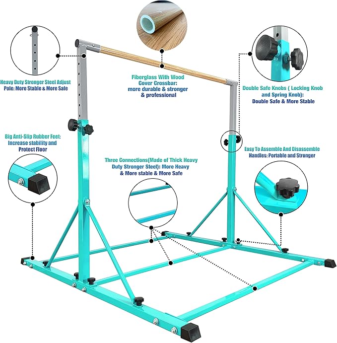 Gymnastic Bar for Kid and Teenage Ages 3-25, 5 FT / 6 FT Base Length, 5 FT / 6 FT Height, Gymnastic Kip Bar Horizontal Bar for Gymnast, Gymnastic Training Equipment for Home and Club Use