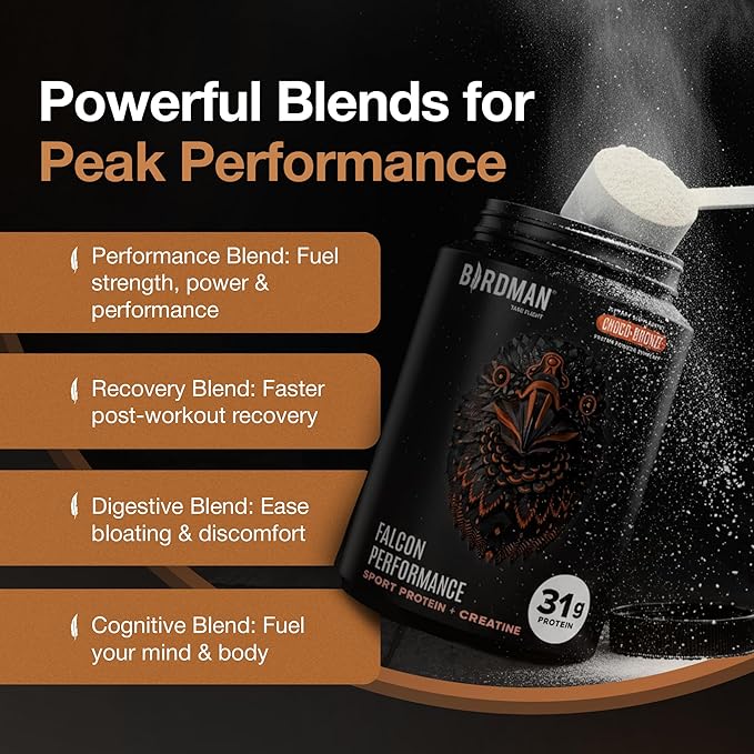 Falcon Performance Vegan Protein Powder, 31g Protein, 5g Creatine, 5g BCAA, Probiotics, Electrolytes, Pre Workout, Low Carb, Sugar Free & Dairy Free, Plant Based Chocolate Protein -19 servings