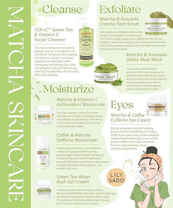 LILY SADO TEA+Cโข Green Tea & Vitamin C Face Cleanser โ Natural Vegan Antioxidant Daily Face Wash with Aloe, Rosehip, Meadowfoam - Gentle Deep Cleansing for Acne, Blackheads, Blemishes. 8 oz