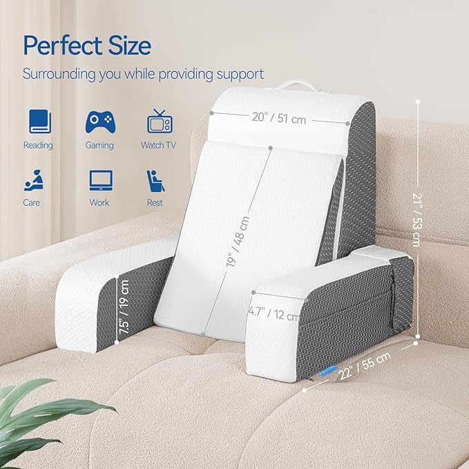 Kayfia Reading Pillow, 10 in 1 Back Pillow for Bed Sitting up with Detachable Arms Rest, Back Rest Pillow with Gel Memory Foam, Husband Pillow for Reading/Gaming/Working in Bed or Couch 21'', White