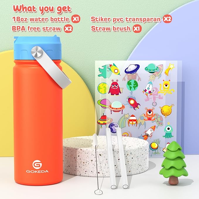 18oz Kids Water Bottle, Insulated Water Bottles with Stickers, 18/8 Stainless Steel Vacuum Leak Proof Straw Cup for School, Gifts for Boys Girls(Orange)