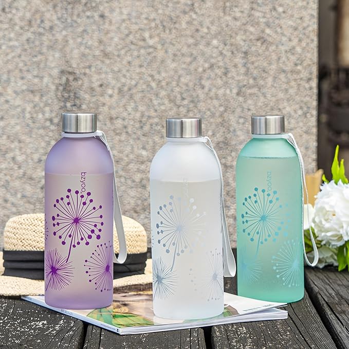 bzyoo 32oz 1 Liter Clear Water Bottle with Time Marker, Dandelion Design, Durable Plastic, BPA-Free, Reusable with Measurement Markings for Fitness and Outdoor Activities (Color: Purple)