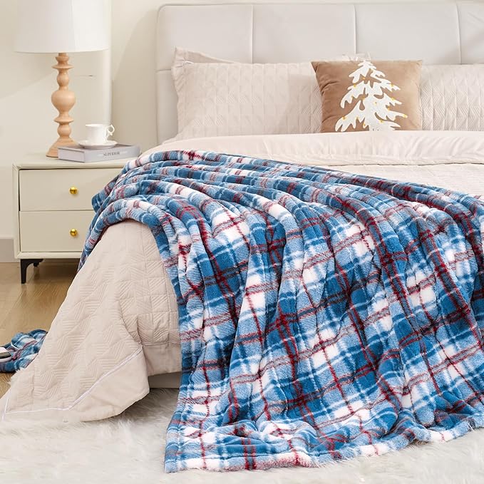 MAXEVE Faux Fur Heated Electric Blanket, 50"x60" Fast Heating Warming Throw Blankets with 8 Heating Levels & 8 Hours Auto Off with Over-Heat Protection & ETL Certified, Plaid Blue