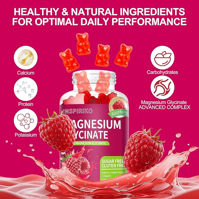 Magnesium Glycinate Gummies 1000mg - Sugar-Free Magnesium Potassium Supplement with Vitamin D, B6, CoQ10 for Adults & Kids,High Absorption for Calm Mood & Sleep Support - 60 Raspberry Gummies