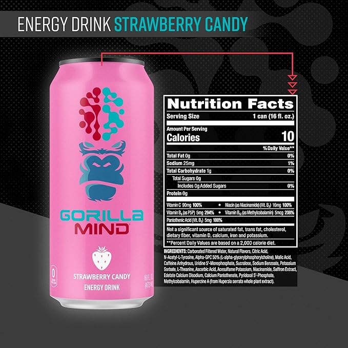 Gorilla Mind Energy Drink | Unmatched Energy · Amplified Focus | N-Acetyl-L-Tyrosine, Alpha-GPC, 200mg Caffeine, Uridine, Saffron | 0 Sugar Or Artificial Colors | 16oz, 12-Pack (Strawberry Candy)