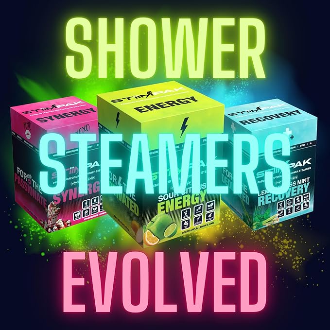Shower Steamers | Synergy | XL 80g | Intimacy, Relaxation & Self-Love Aromatherapy | Caffeine, L-Theanine & Menthol | Gift for Women | Strawberry Vanilla | STiiMPAK (8 Pak + Loofah)