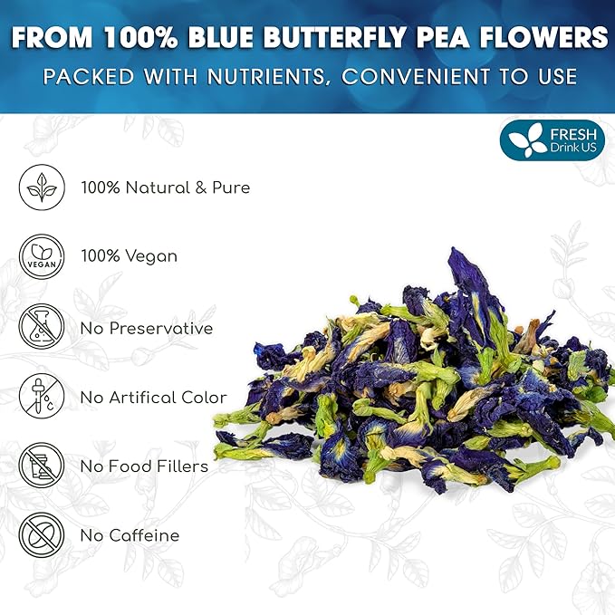 FreshDrinkUS, Premium 16oz Blue Butterfly Pea Flowers Dried β Premium Whole Flower Herbal Tea β Vibrant Blue Natural Color β Caffeine-Free Loose Flower Tea. Vegan