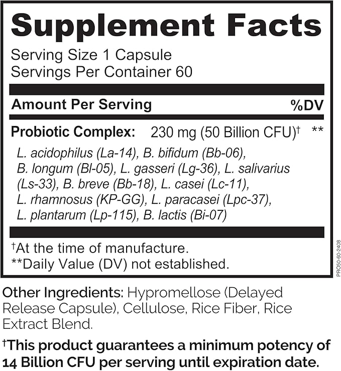 NATURELO Probiotics for Digestive Health - 50 Billion CFU, 11 Strains Daily Supplement - Boosts Immune System, Delayed Release, 60 Vegetarian Capsules