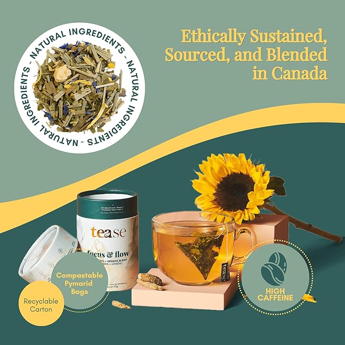 Tease Tea Yerba Mate - Focus & Flow Caffeinated Tea, Brain Energy & Focus Blend with Yerba Mate, Ginseng, Ginkgo, Spearmint & Citrus